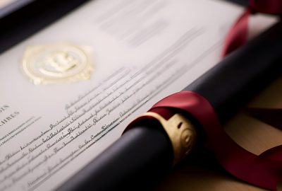 Diploma with a red ribbon and a bow on a wooden table